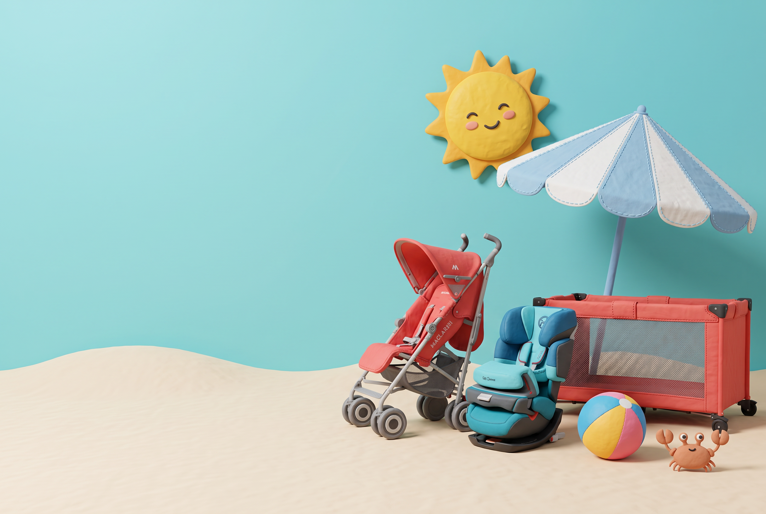 A cheerful seaside scene with a stroller, car seat and travel cot, a smiling sun and beach umbrella